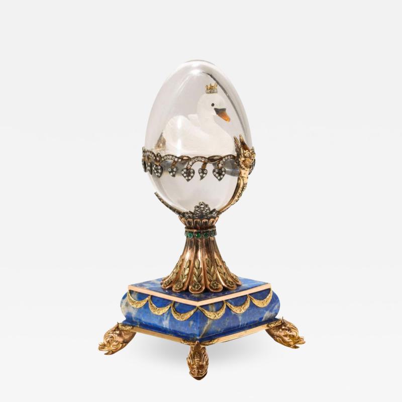 Russian 14 Karat Gold Diamonds Emeralds Lapis Lazuli and Glass Egg with Swan