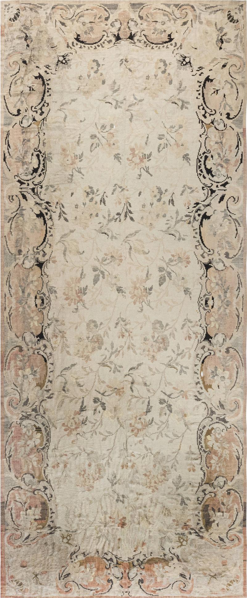 Russian Bessarabian Soft Gray Green and Orange Handwoven Wool Rug