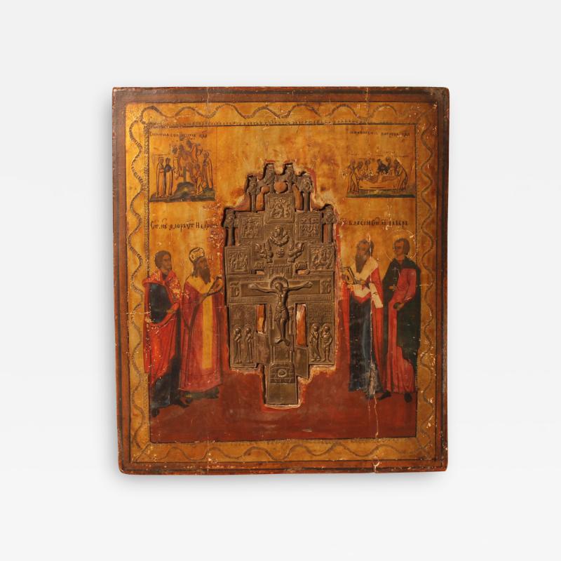 Russian Icon With Processional Cross 19th Century