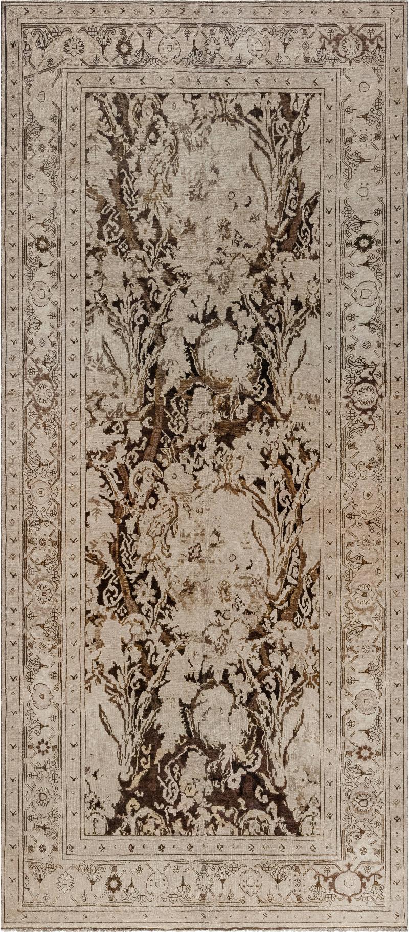 Russian Karabagh Botanic Beige Chocolate Brown Hand Knotted Wool Rug
