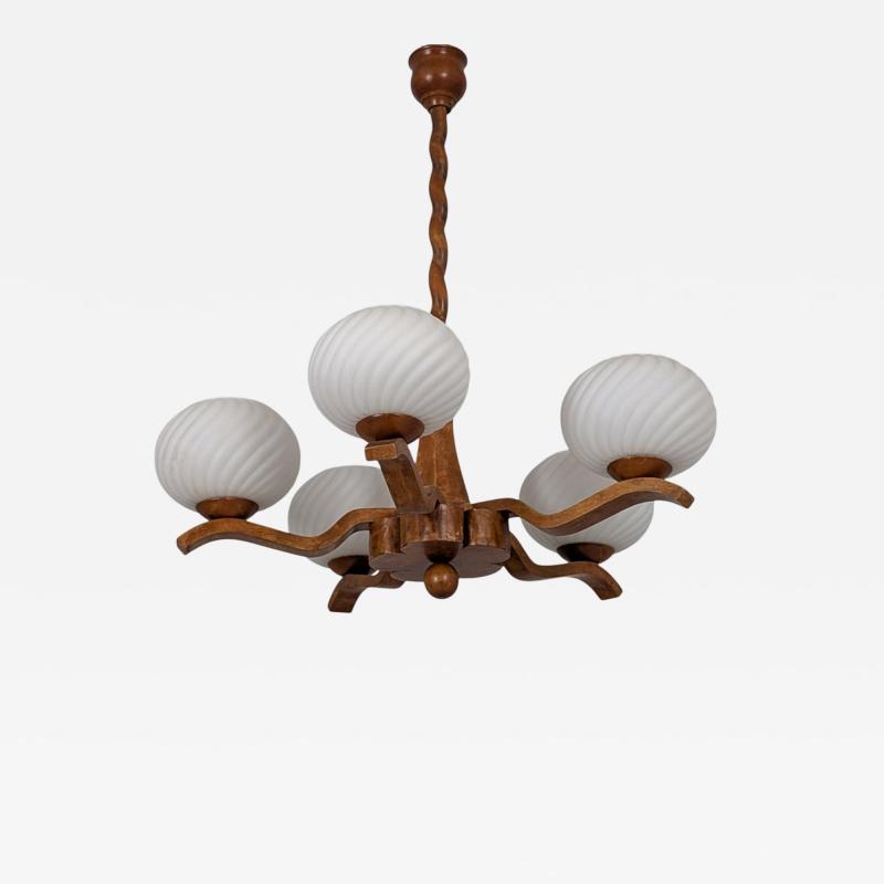 Rustic 5 Arm Pendant in Birch Curly Birch and Glass Finland 1940s