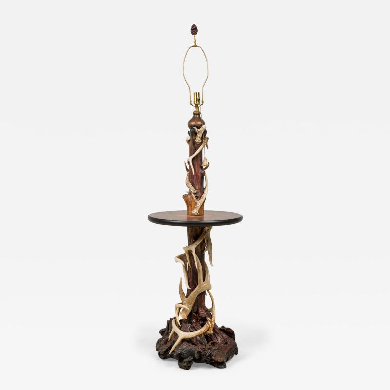 Rustic Adirondack Antler and Wood Circular Lamp Table Floor Lamp