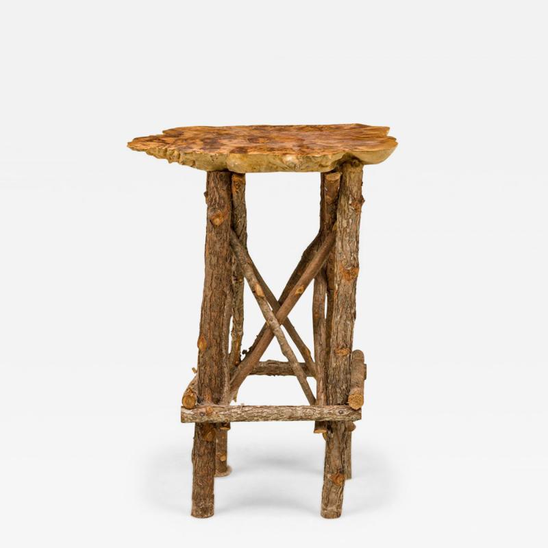 Rustic Adirondack Scalloped Petrified Wood and Branch Base Side End Table