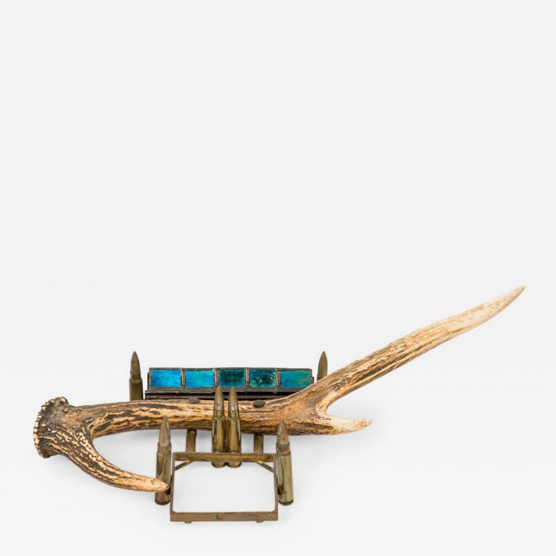 Rustic Antler Inkwell Stand with Glass and Metal Pen Holder
