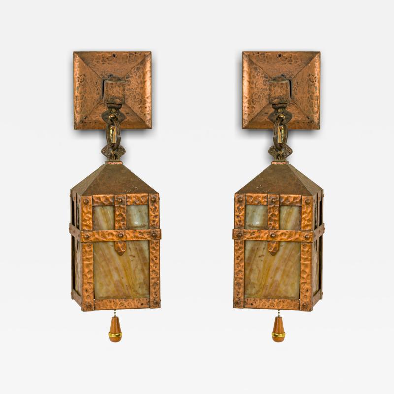 Rustic Arts Crafts Style Hammered Iron and Beige Slag Glass Wall Sconces