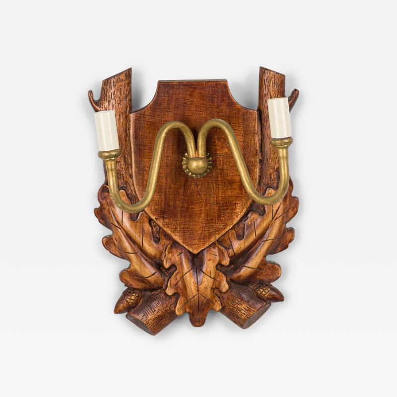 Rustic Black Forest Wood and Brass Wall Sconce
