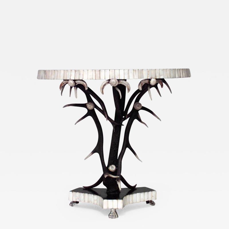 Rustic Continental Antler Design and Ebonized Half Round Console Table