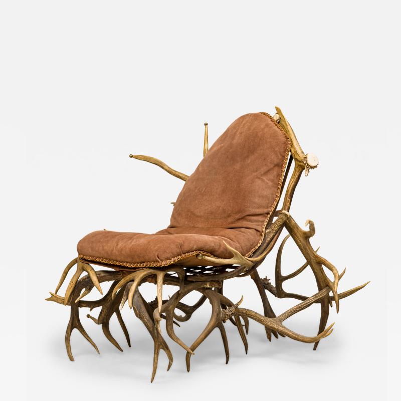 Rustic Continental Antler and Mauve Pink Suede Arm Chair