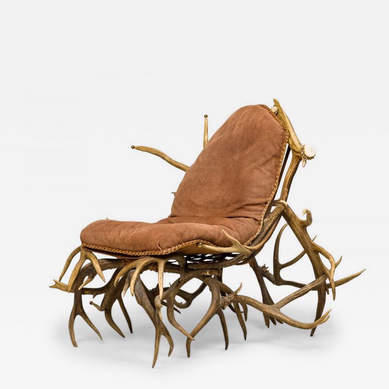 Rustic Continental Antler and Mauve Pink Suede Arm Chair