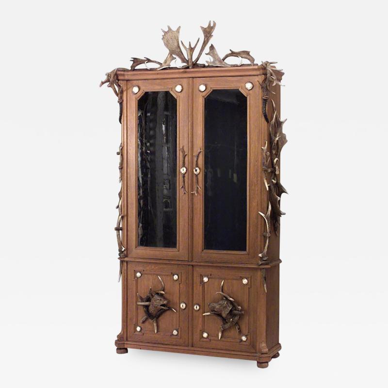 Rustic Continental German Oak and Horn Trimmed 4 Door Bookcase Cabinet
