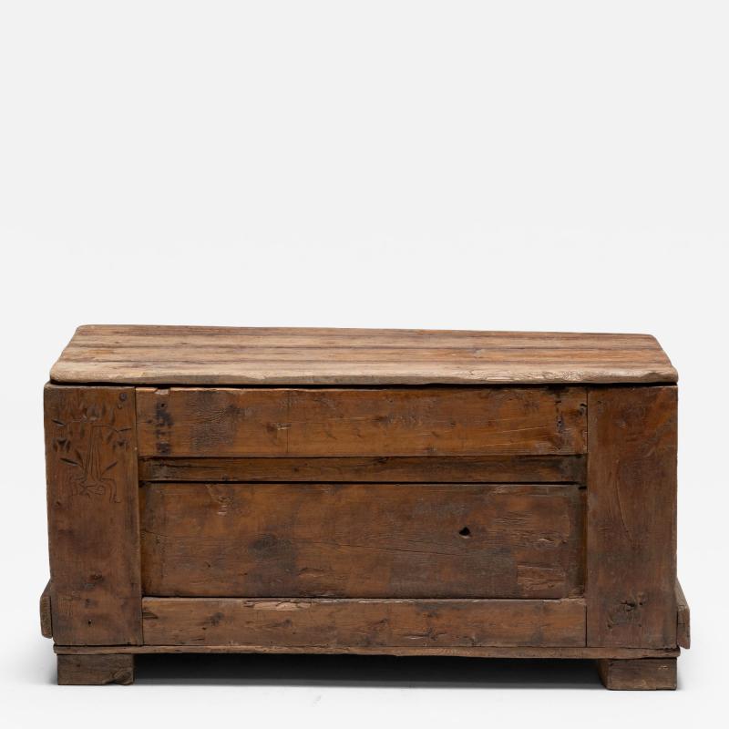 Rustic Folk Art Wood Chest with Carved Motifs 19th Century