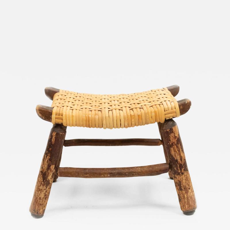Rustic Hickory Footstool with Woven Cane Seat