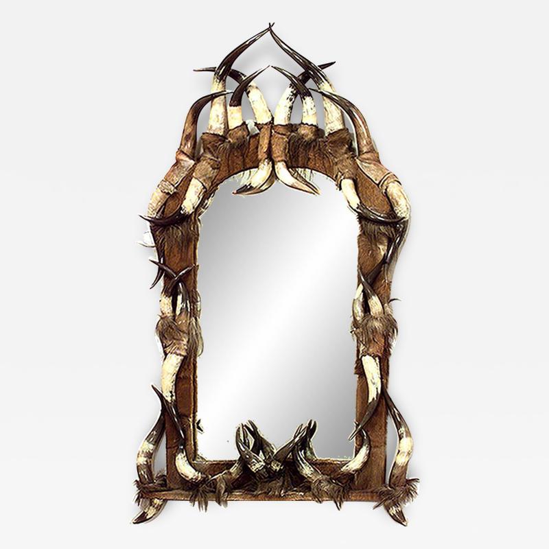 Rustic Horn and Leather Wall Mirror