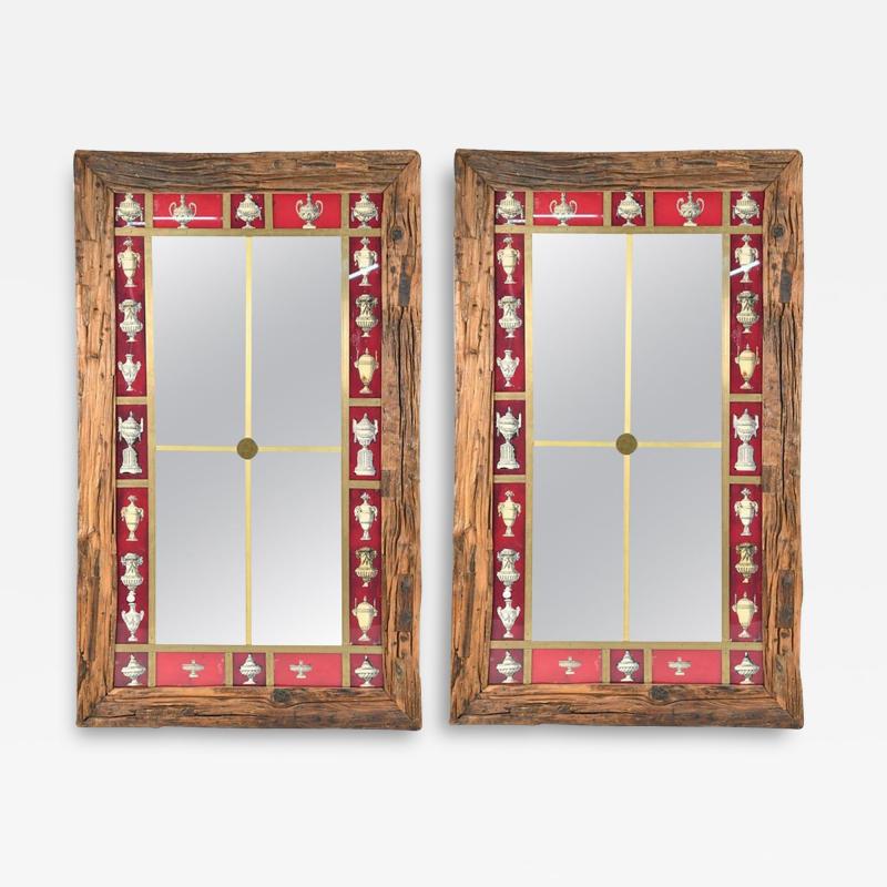 Rustic Italian Wall Mirror with Reverse Painted Classical Vases and Urns