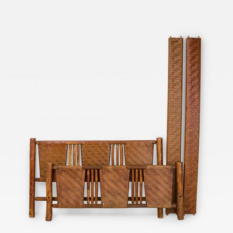 Rustic Old Hickory Log and Woven Rattan Full Bed Frame