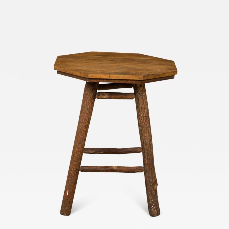 Rustic Old Hickory Octagonal Top Wood and Log End Side Table