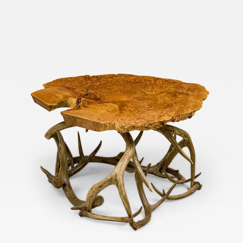 Rustic Petrified Wood and Deer Antler End Side Table