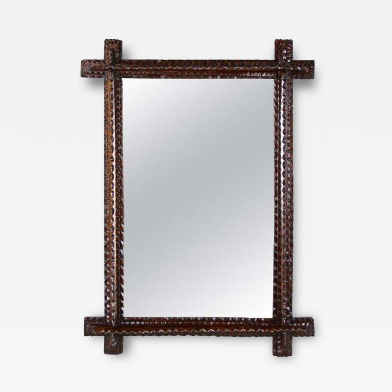 Rustic Tramp Art Wall Mirror Notch Cut Design 19th Century Austria ca 1870