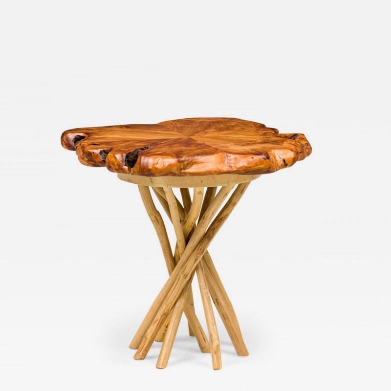 Rustic Wood Round Side Table with Organic Top and Branch Base