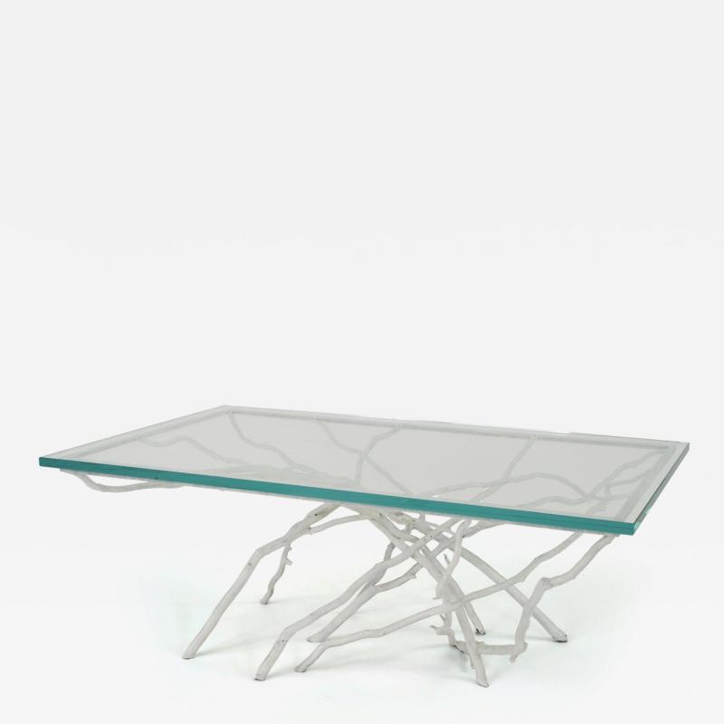 Rustic style white painted iron faux twig design rectangular coffee table