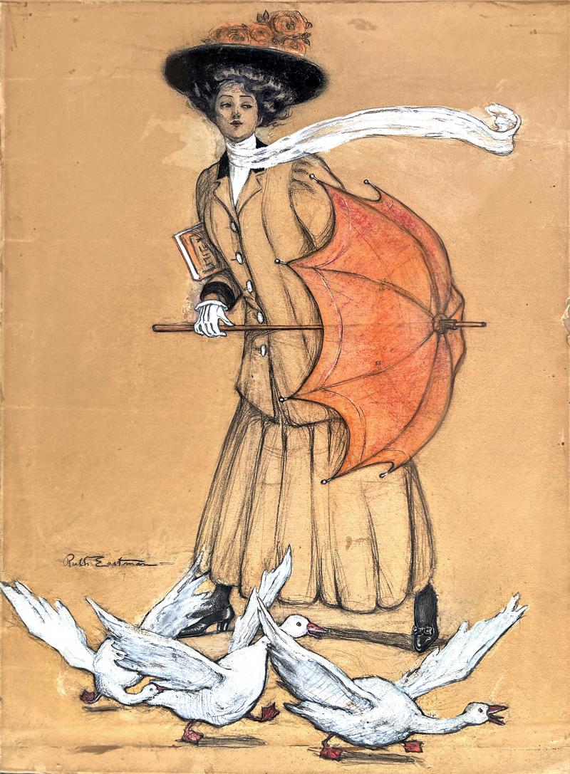 Ruth Eastman High Fashion Elegant Woman with Parasol Umbrella with Geese
