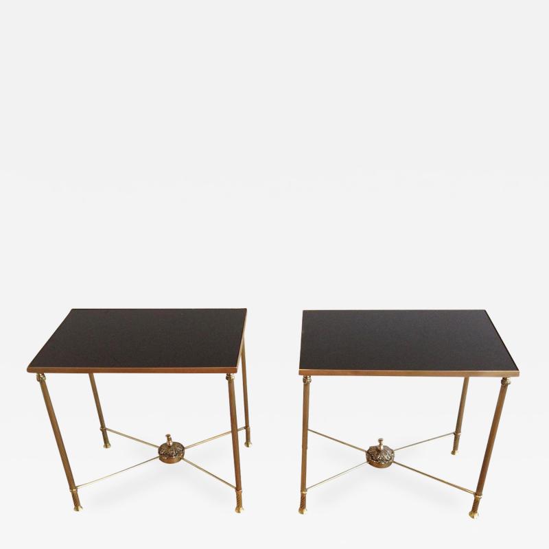 SALE 40 OFF MID CENTURY PAIR OF BRASS END TABLES WITH BLACK OPALINE GLASS