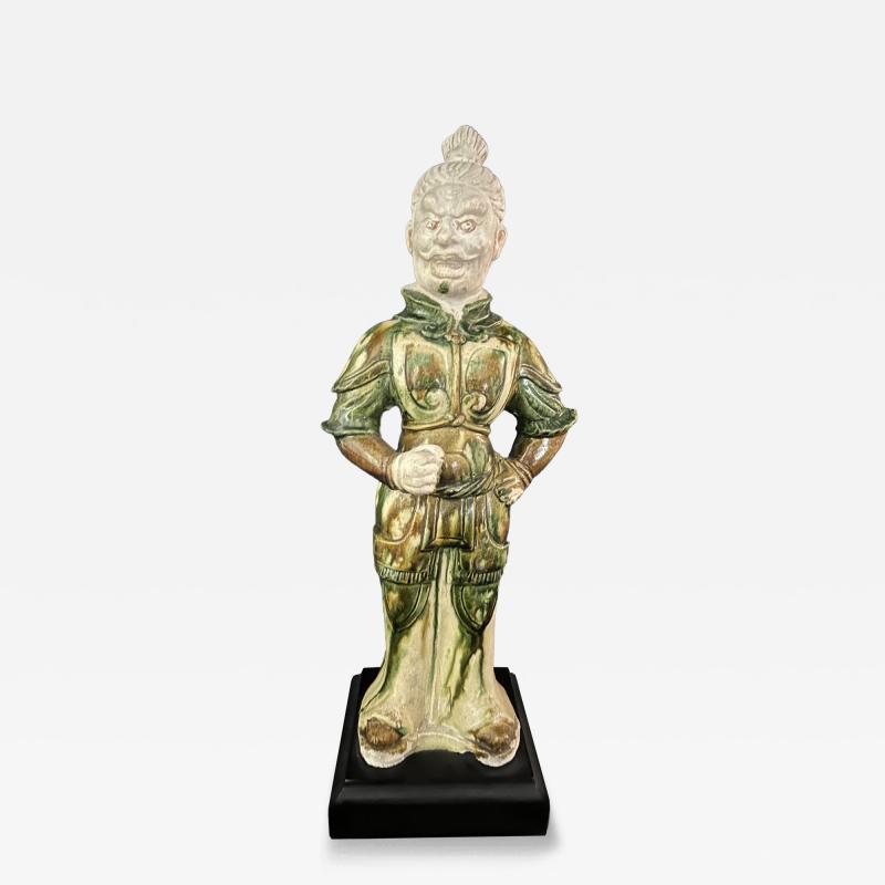SANCAI GLAZED GUARDIAN FIGURE with breast plates and biscuit head 