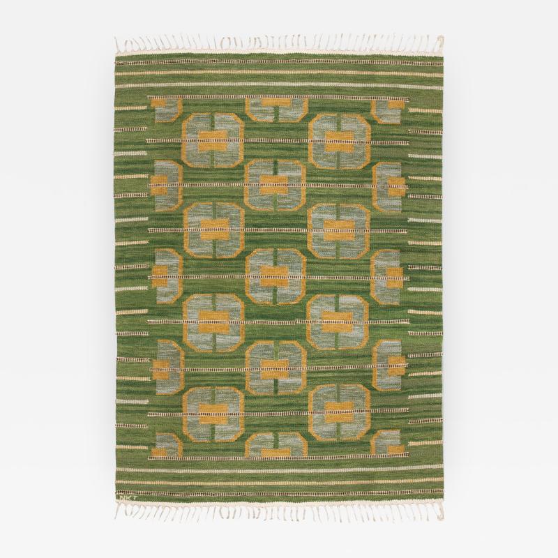 SCANDINAVIAN MODERN FLAT WEAVE RUG IN GREEN AND GOLD WOOL