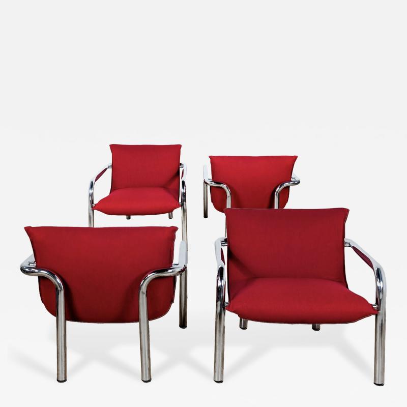 SET OF 4 ITALIAN ARMCHAIRS IN CHROME PLATED METAL AND RED FABRIC 1970 