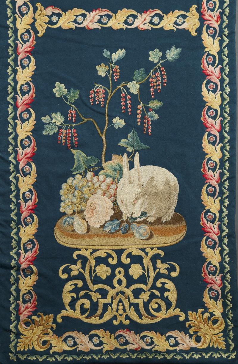 SET OF EIGHT NEEDLEPAINTED CREWELWORK HANGINGS DEPICTING ANIMALS STILL LIFES