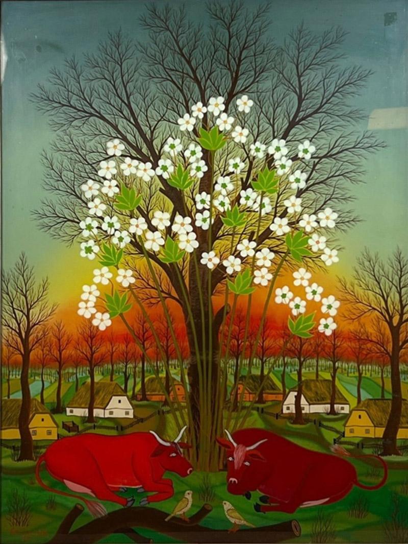 SIGNED BEAUTIFUL RED BULLS IN FLOWERING TREE LANDSCAPE REVERSE PAINTING ON GLASS