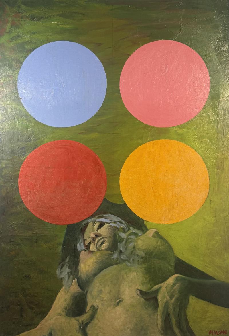 SIGNED MODERN NUDE PAINTING WITH FOUR COLORED SPHERES
