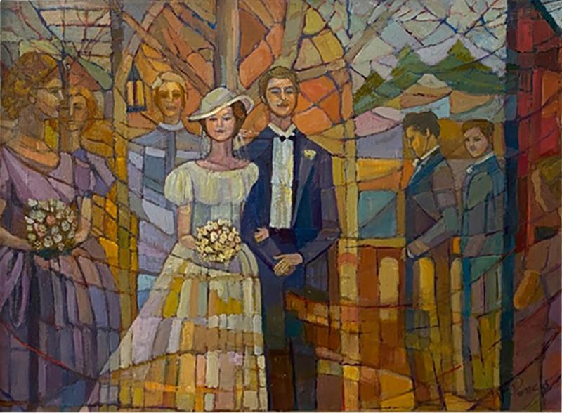 SIGNED MODERN STAINED GLASS STYLE WEDDING PAINTING