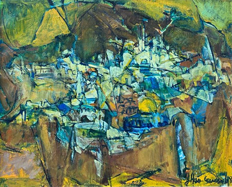 SIGNED MODERNIST ABSTRACT MOUNTAIN VILLAGE PAINTING