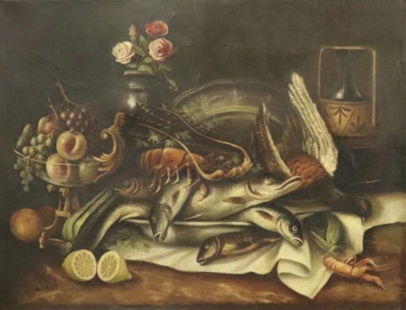SIGNED OLD MASTER STILL LIFE OF LOBSTER FISH PHEASANT FRUIT PAINTING