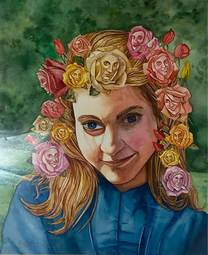 SIGNED SURREALIST ROSE WOMAN PORTRAIT WATERCOLOR