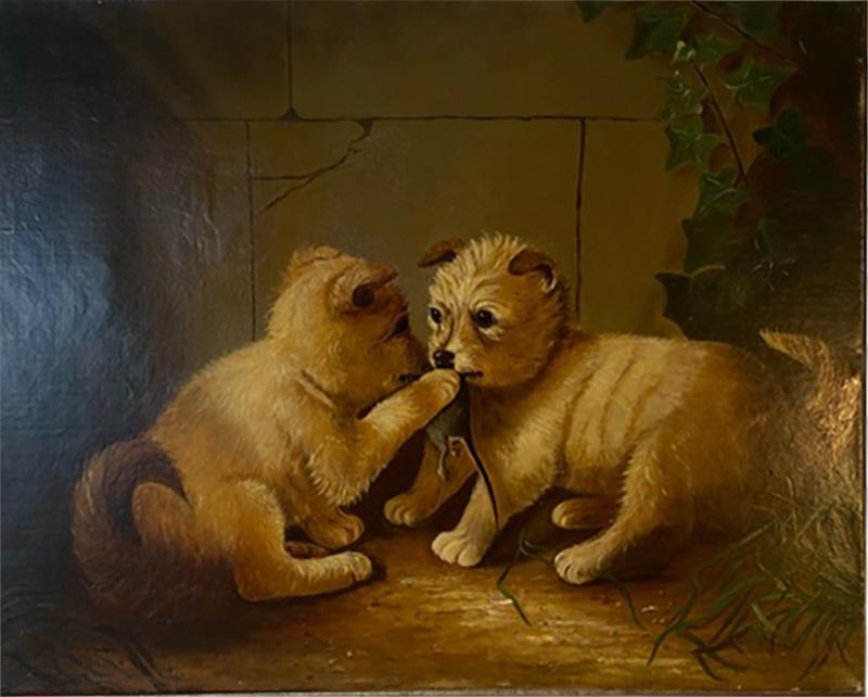 SIGNED VICTORIAN PAINTING THE MOUSERS DATED 1884