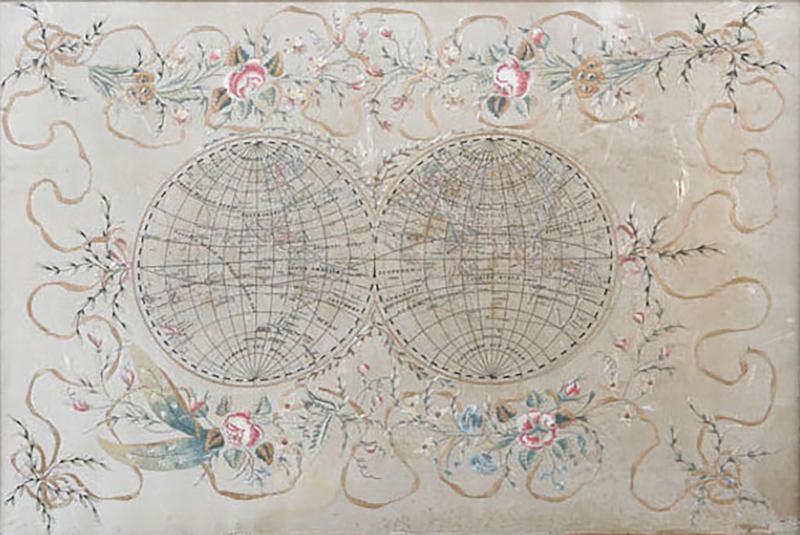 SILK NEEDLEWORK MAP OF THE EASTERN AND WESTERN HEMISPHERES