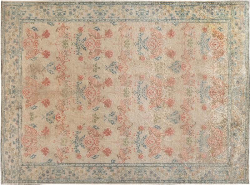 SPANISH MIDCENTURY BEIGE TURQUOISE AND DUSTY PINK HAND KNOTTED RUG