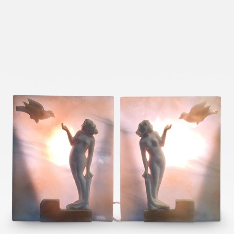 STUNNING NUDE WITH FLYING DOVE SCULPTED ART DECO ALABASTER LAMPS