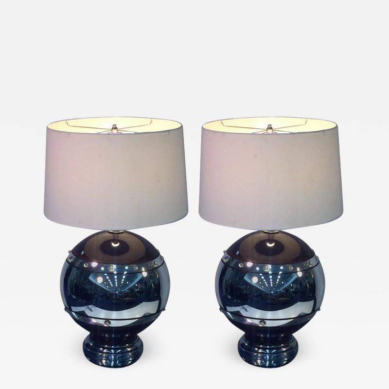 STUNNING PAIR OF ENAMELED BRONZE AND JEWELED MERCURY SPHERE LAMPS