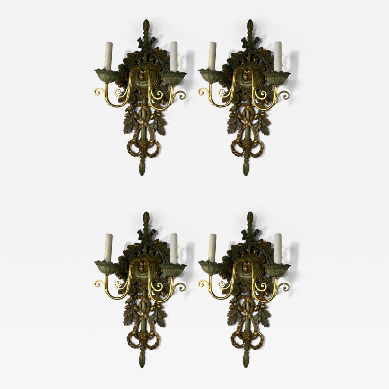 SUITE OF FANCY FOUR ITALIAN GOLD GREEN WOOD LEAF ACORN DESIGN SCONCES
