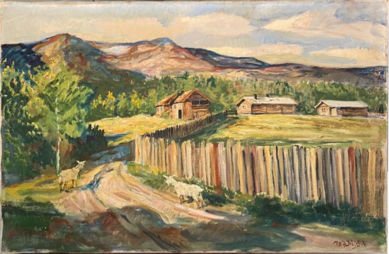 SUNNY MOUNTAIN LANDSCAPE WITH GOATS PAINTING SIGNED