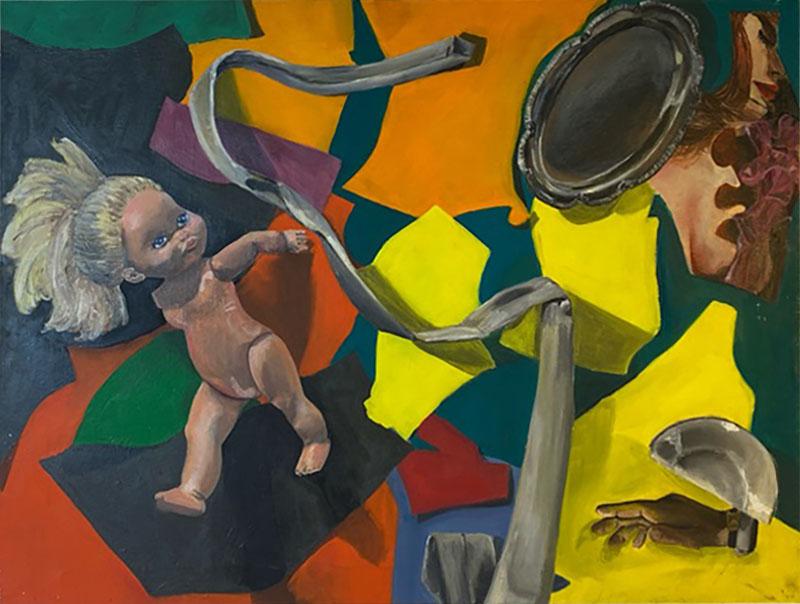 SURREAL PAINTING OF DOLLS AND PLATES WITH COLOR BLOCKS