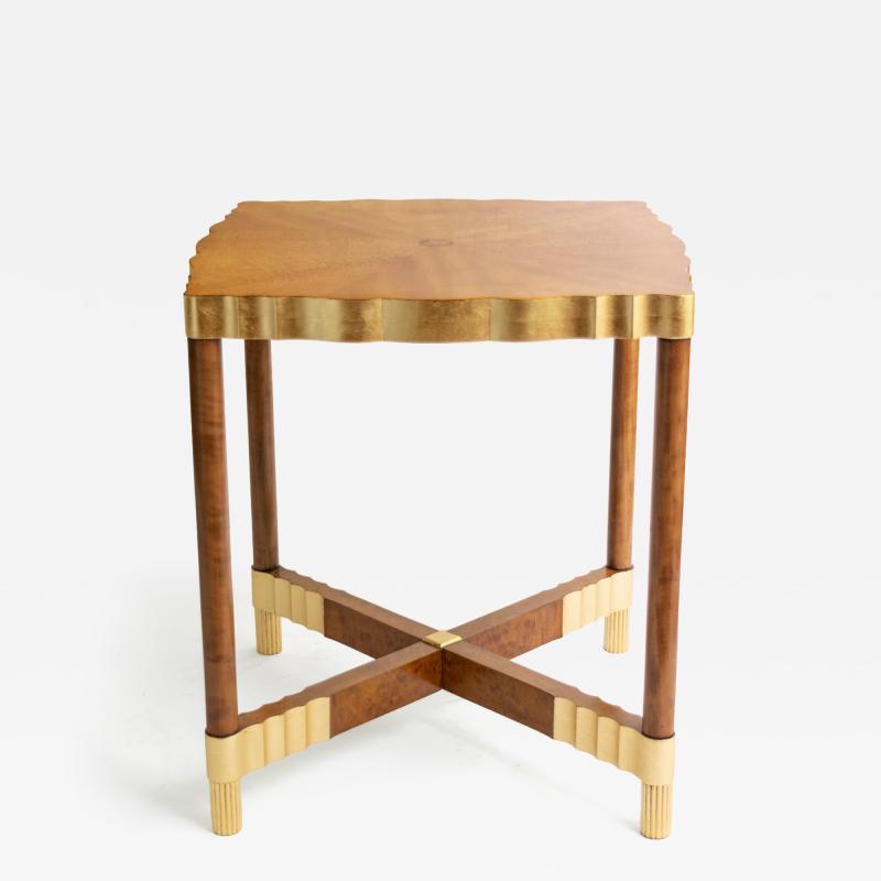 SWEDISH ART DECO BIRCH ELM ROOT WOOD TABLE DETAILED WITH METAL LEAF 