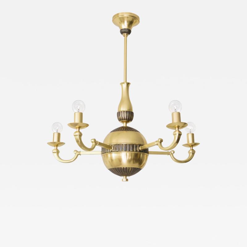 SWEDISH ART DECO BRASS 5 ARM CHANDELIER WITH PATINATED DETAILS