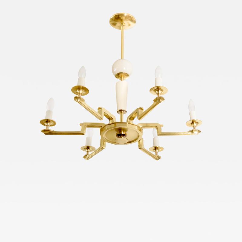 SWEDISH ART DECO BRASS AND WOOD 6 ARM CHANDELIER