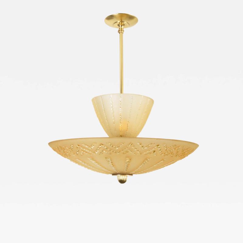 SWEDISH ART DECO DOUBLE SHADE CHANDELIER WITH ETCHED GOLDEN GLASS 