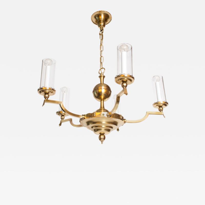 SWEDISH ART DECO FIVE ARM BRASS CHANDELIER WITH CYLINDRICAL GLASS SHADES 