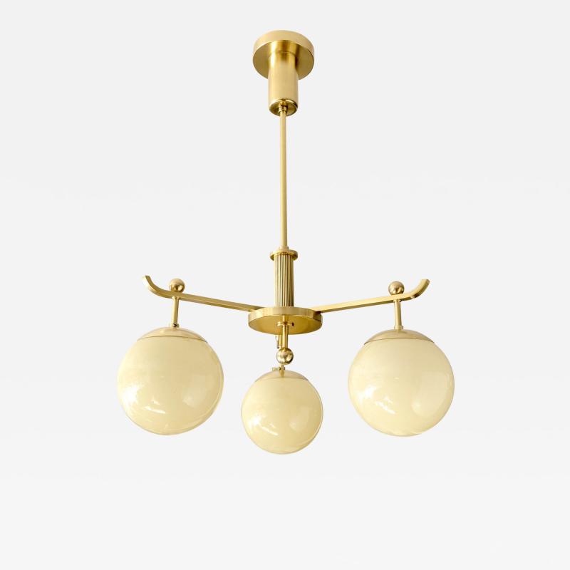 SWEDISH ART DECO POLISHED BRASS 3 ARM CHANDELIER WITH GLASS GLOBES